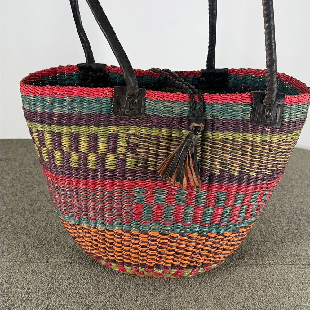 African Market Basket Colorful Handcrafted Woven Tote Bag Leather Shoulder Strap